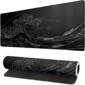Minimalism Black Mouse Pad Gaming Mouose Pad,Gaming Mouse Pad - Non-Slip, Washable Rubber Base Desk Mat with Iconic Great Kanagawa Wave off Kanjiya Island Design - Ideal for Gamers & Professionals, Extra Long, Thick, E-sport Setup, Large Mouse Pad