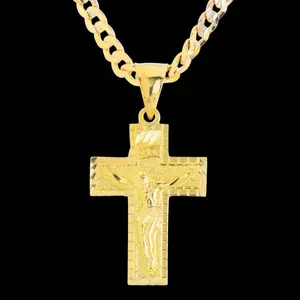 AAA+ Brass Gold Plated Crucifixion of Jesus Cross Hign-End Religious Pendant Charm & 5mm 20" 24" 14K Stamped Chain Cuban Necklace Jewelry