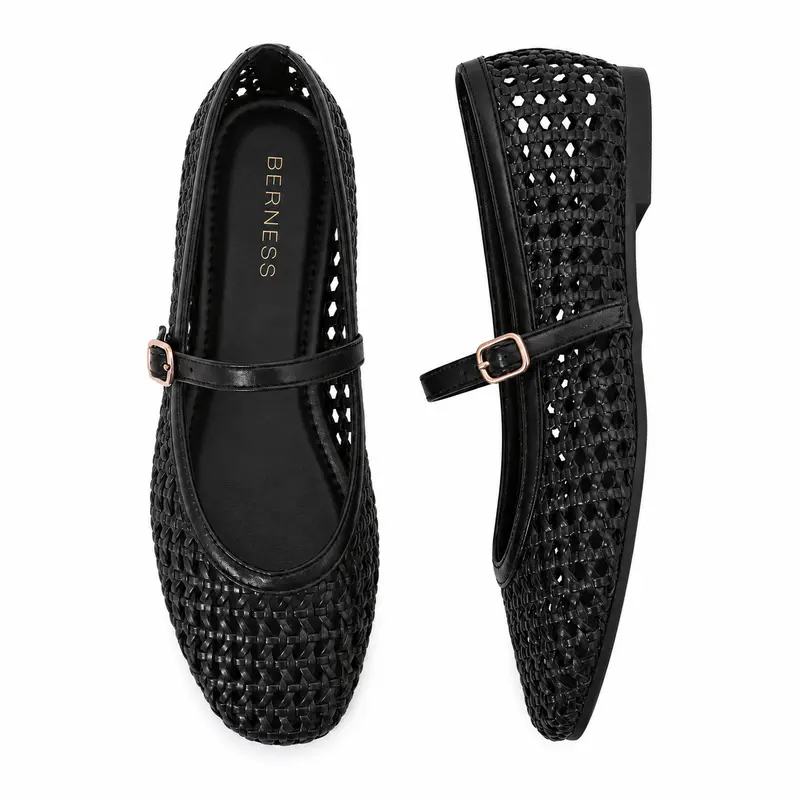 BERNESS Veera Women's Mary Jane Flats - Classic Lightweight Woven Flats, Breathable Mesh Round Toe, Adjustable Strap, Memory Foam Insole, Arch Support Ballet Flats for Office, Travel