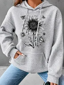 Women's Trendy Butterfly Print Floral Hoodie, Long Sleeve Pullover with Pocket, Fall & Winter Casual Top, Comfortable Fit