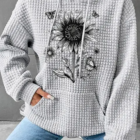 Women's Trendy Butterfly Print Hoodie, Knit Pullover Hoodie, Long Sleeve Pullover with Pocket, Fall & Winter Casual Top, Comfortable Fit