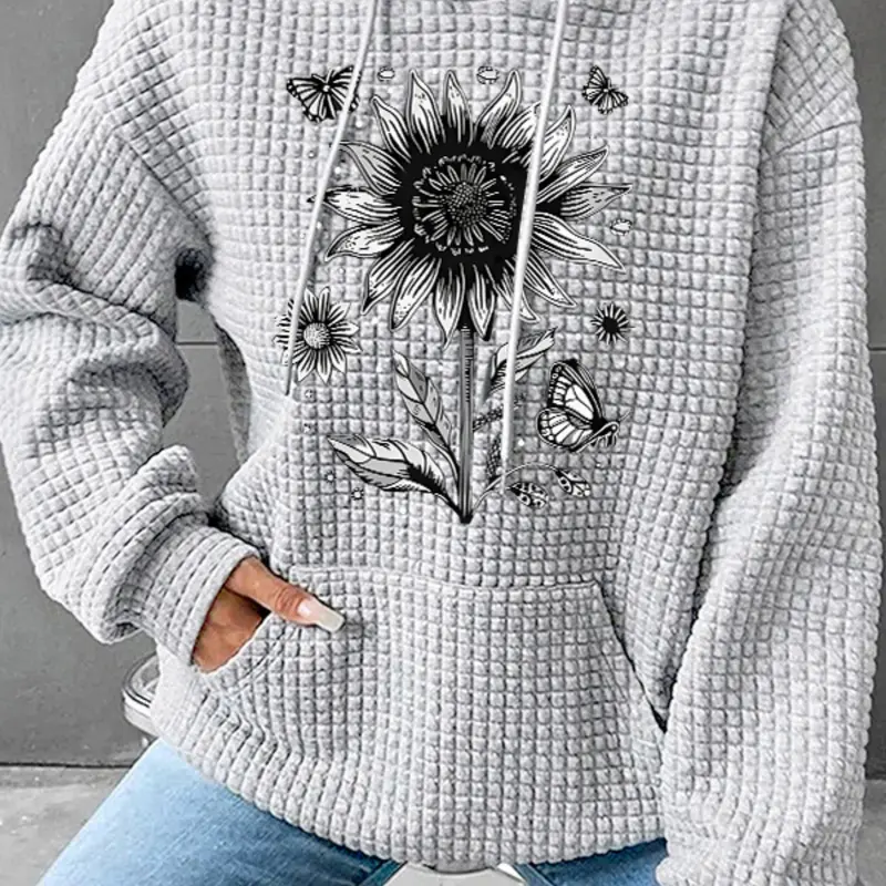Women's Trendy Butterfly Print Hoodie, Knit Pullover Hoodie, Long Sleeve Pullover with Pocket, Fall & Winter Casual Top, Comfortable Fit