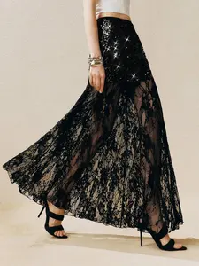 Elegant Lace Overlay Long Dress, Sequin Patchwork Design, Luxurious Atmosphere, Perfect for Evening Parties, Fashionable Events, High-End Social Gatherings, Skirt