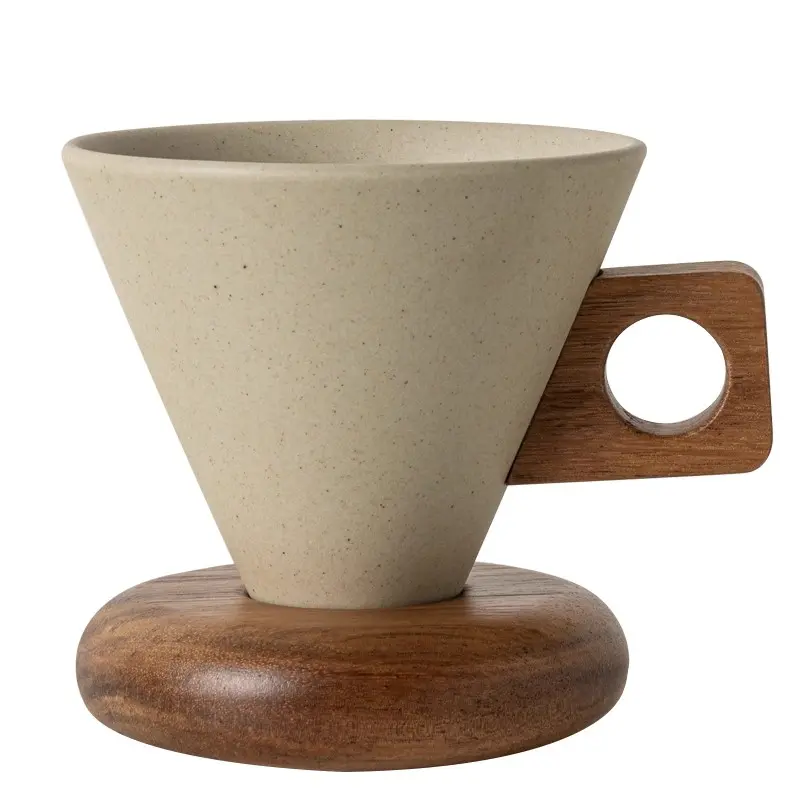 250ml Retro Ceramic Curve Coffee Cups Set - Textured Body, Conical Mugs with Wooden Handle & Coaster, Eco-Friendly Biodegradable Coffee Drinkware for Adults, Home Cafes, Kitchenware & Art Decor, Gift Giving, Art Decorations