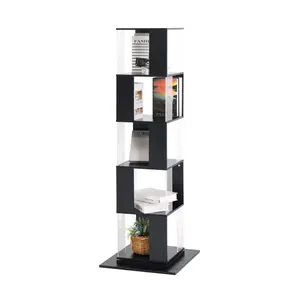 19.68*19.68*63 Inch 5-Tier 360° Rotating Bookshelf Particle Board Wood Veneer Clear Acrylic Panel Anti-Toppling Base Floor Standing Display Shelf for Bedroom Living Room Home Office