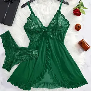 Lace Nightgown Women Exquisite Homewear New Green Nighttime Pajamas Transparent Split Nightdress V-Neck Bra Panty Sets