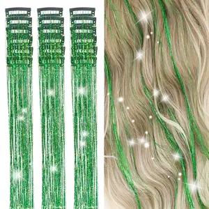 Hair Tinsel Kit Pack of 18 Pcs Clip in 19.6Inch Glitter Tinsel Hair Extensions Heat Resistant Sparkle Fairy Hair Accessories for Kids Girls Women Black