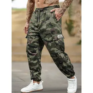 Men's  Camouflage Work Pants featuring an elastic waist with drawstring, large side pockets, casual jogger design, comfortable for daily wear, suitable for all seasons.