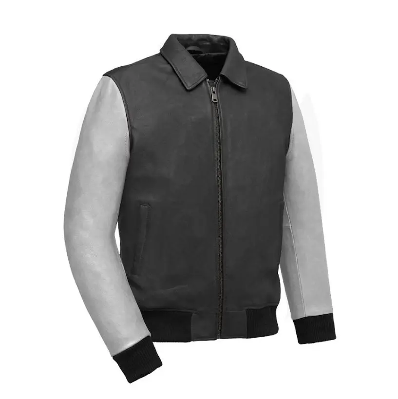 FM Men's Two Tone Moto Leather Bomber Jacket Black/White