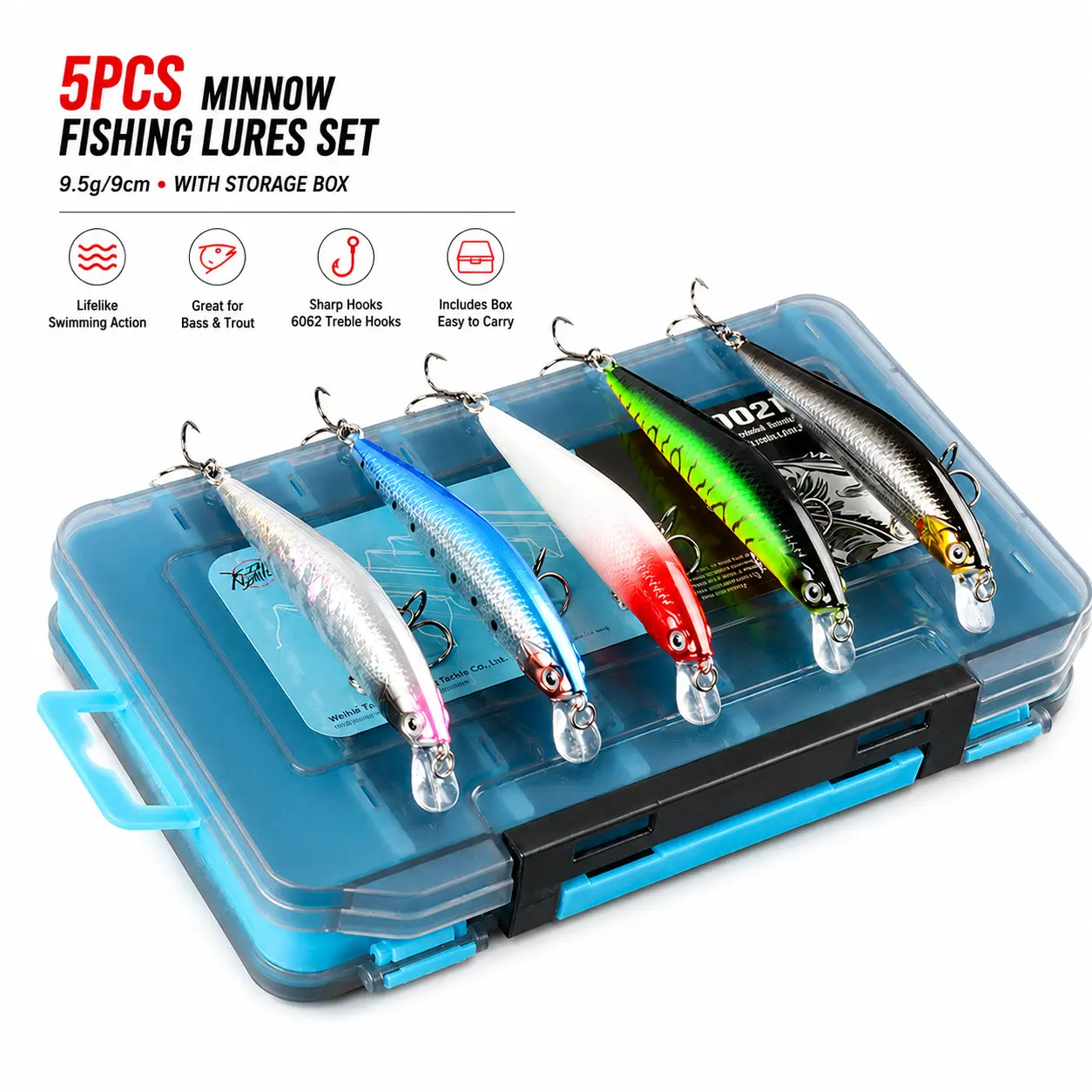 5PCS Suspending Minnow Hard Lures, 9cm 9.5g Long Cast Jerkbait Set with Weight Transfer System, Short Lip, 3D Eyes, Laser Finish & Sharp High-Carbon Treble Hooks for Bass, Trout, Hard Lure, Corrosion Resistant, High-Carbon Hook