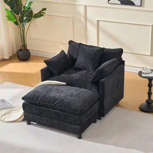 Black Chenille Oversized Chaise Lounge with Ottoman – 55.7" Wide Sleeper Chair for Living Room, Bedroom, Office & Apartment, Cozy Single-Seat Sofa​