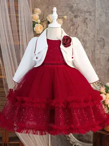 (jacket + Skirt) Kids Clothes Flower Girl Floral Lace Layered Ball Gown Pageant Children Elegant Performance Princess Prom Host Formal Evening Party Cocktail Tulle Overlay Dress for all Season 4 to 8 Years