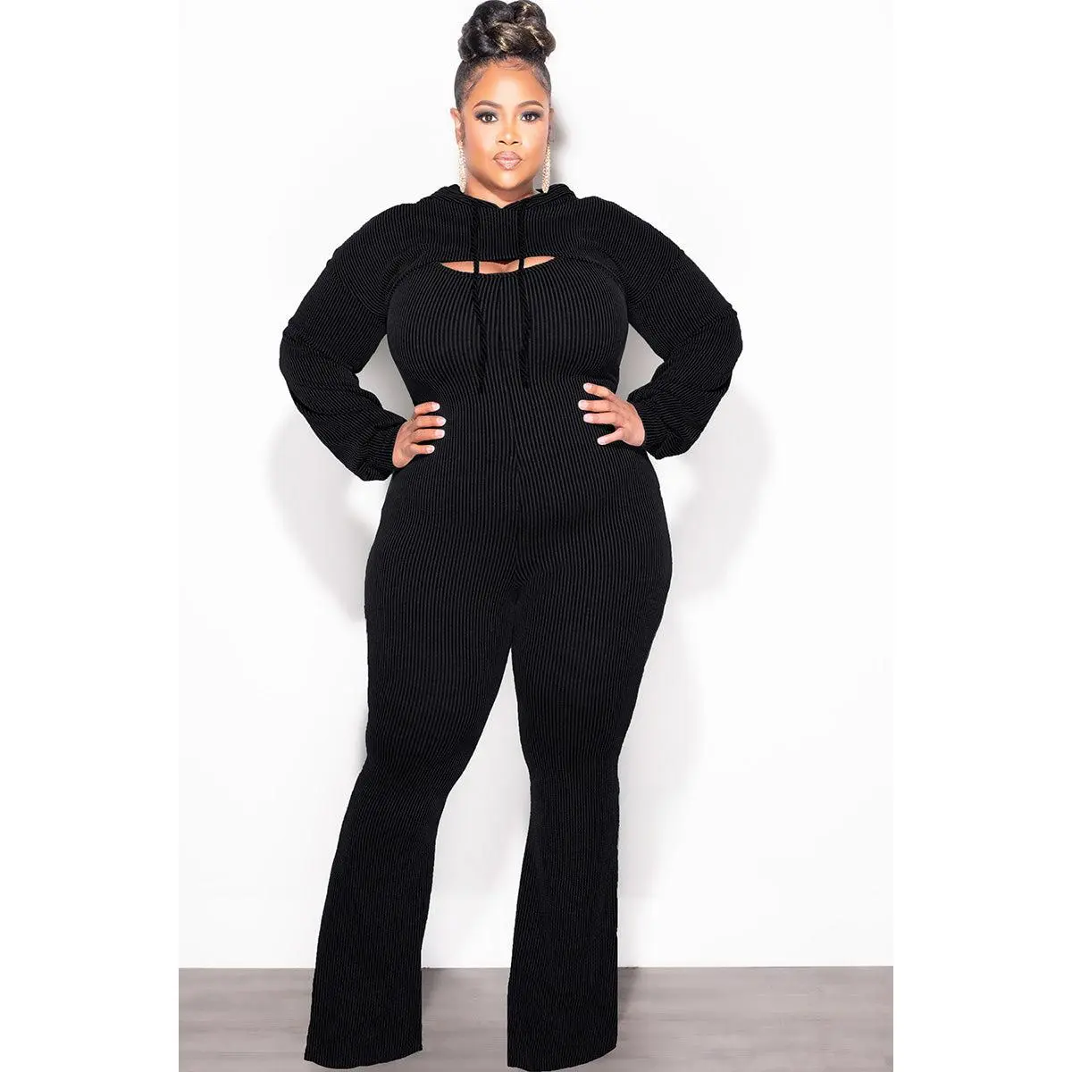 Final Sale Plus Size 2pc Ribbed Tank Jumpsuit with Pull Over Top in Charcoal Black