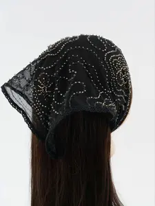 Black lace embroidered bead sequin headscarf elegant headband mesh triangular square scarf turban evening headpiece hair accessory