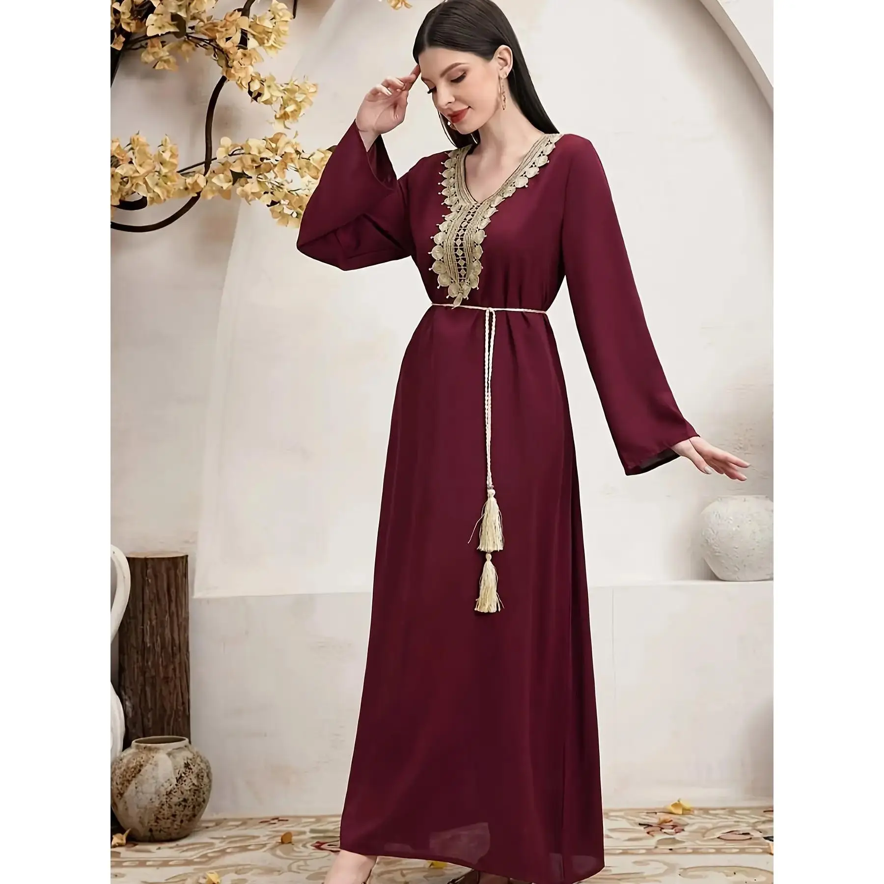 Women's Elegant Long-Sleeve Maroon Polyester Abaya with Golden Embroidery - Modest All-Season Dress, XXL Full Coverage Islamic Clothing