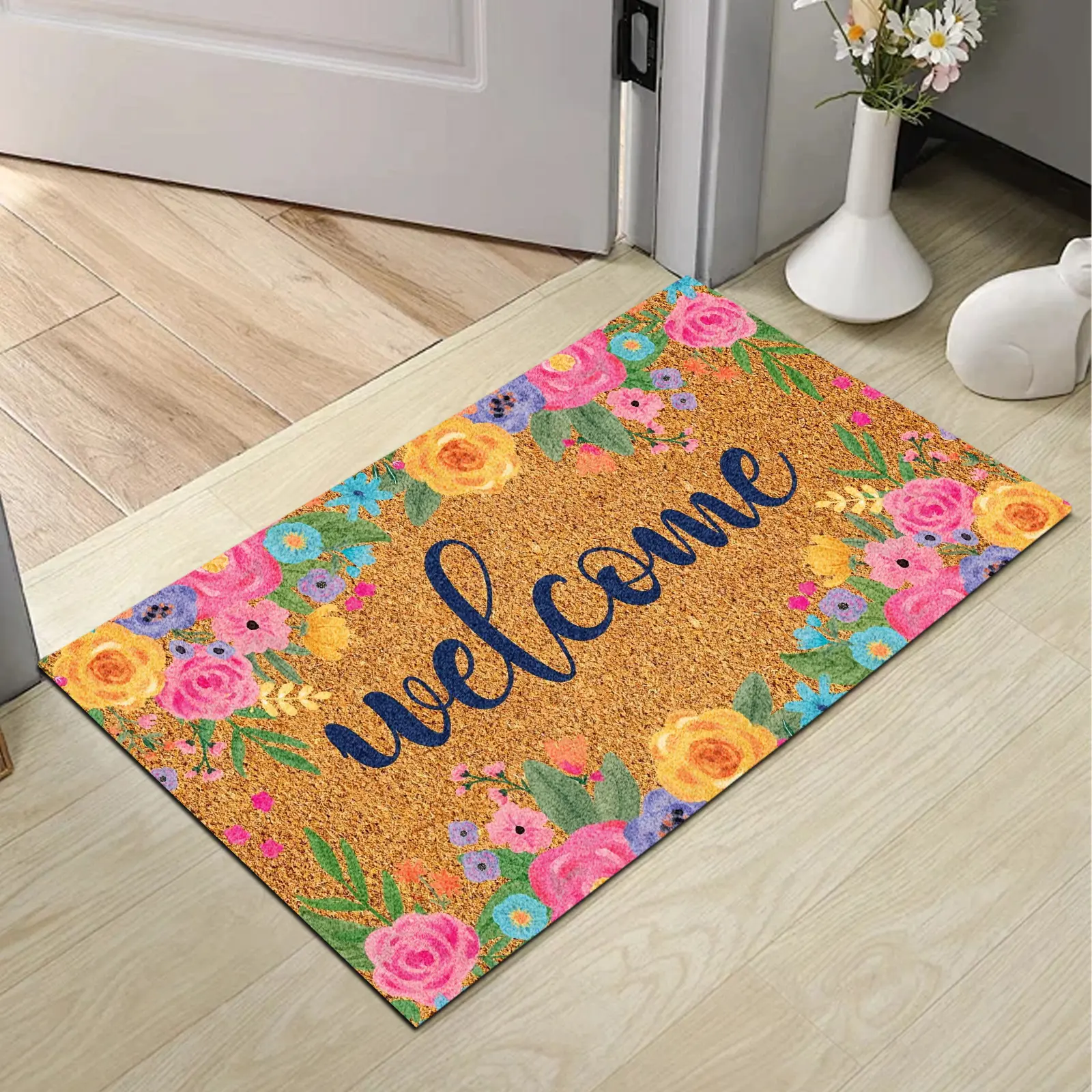 Summervibes Welcome Mat Front Door Rubber Doormat 60x80 Inch Spring Blossom Floral Pattern Waterproof Non Slip Heavy Duty Outdoor Entrance Rug for Porch Patio Garden Low Profile All Weather Decorative Home Decor, Anti-Shrink, Durable