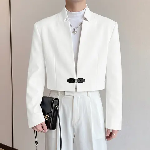 INCERUN Men's Stylish Stand Collar 100% Polyester Longsleeve Crop Blazer Coat - Simple Minimalist Party Male Clothing, Leisure Wear Fabric, Basic Formal Machine Washable Top for Spring/Fall