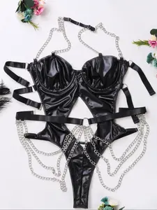 Sexy Lingerie Set, Fitted Strapless Underwire Bra & Chain Decor Thong, Adjustable Buckle, Adult Cosplay Costume, Valentine's Day Gift, Chevron Bodysuit, Bodysuit, Underwear