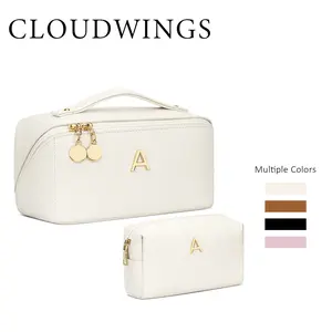 CLOUDWINGS Birthday Gifts for Women Teen Girl, Personalized Initial Makeup Organizer Bag Set, Open Flat Travel Cosmetic Bag With Clear Divider and Handle