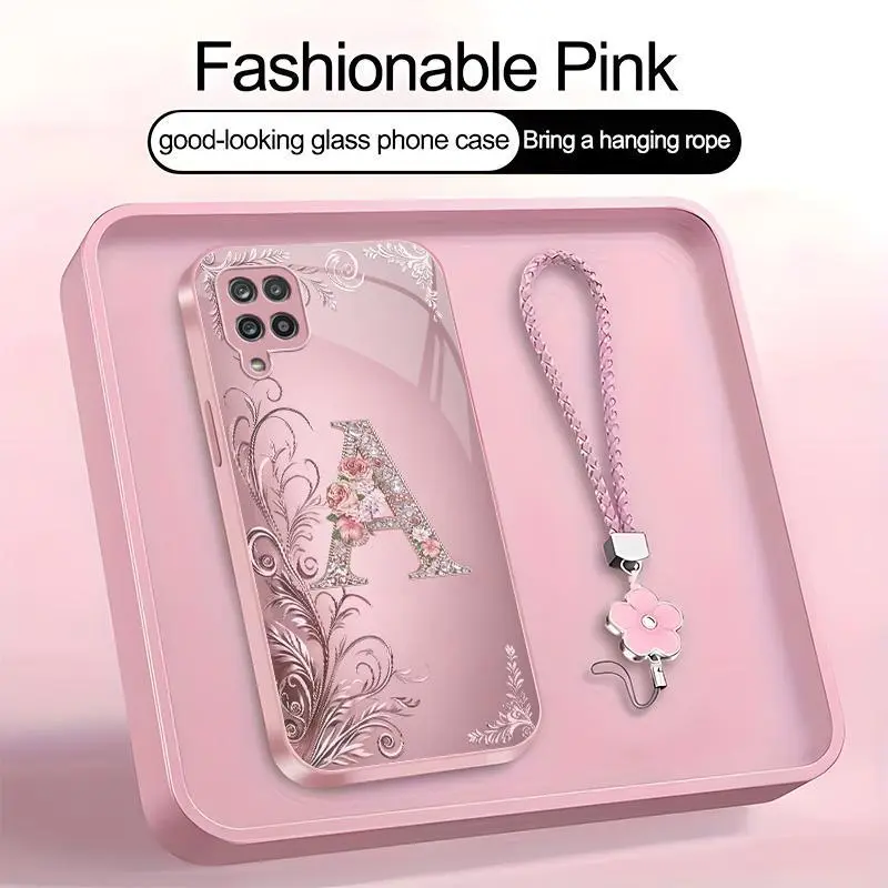 Suitable for [Galaxy A12] high-end women's phone case🤩，a beautiful four-leaf clover lanyard is included🍀，Exquisite floral print, non-3D rhinestones, 26 letters to choose from YM99