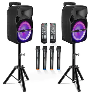 5 Core Active PA Systems Pair 250 Power Output 8" Speaker with 2 Wireless Microphones w Bluetooth Wireless Streaming MP3/USB/SD/AUX Readers, Remote, Speaker Stands