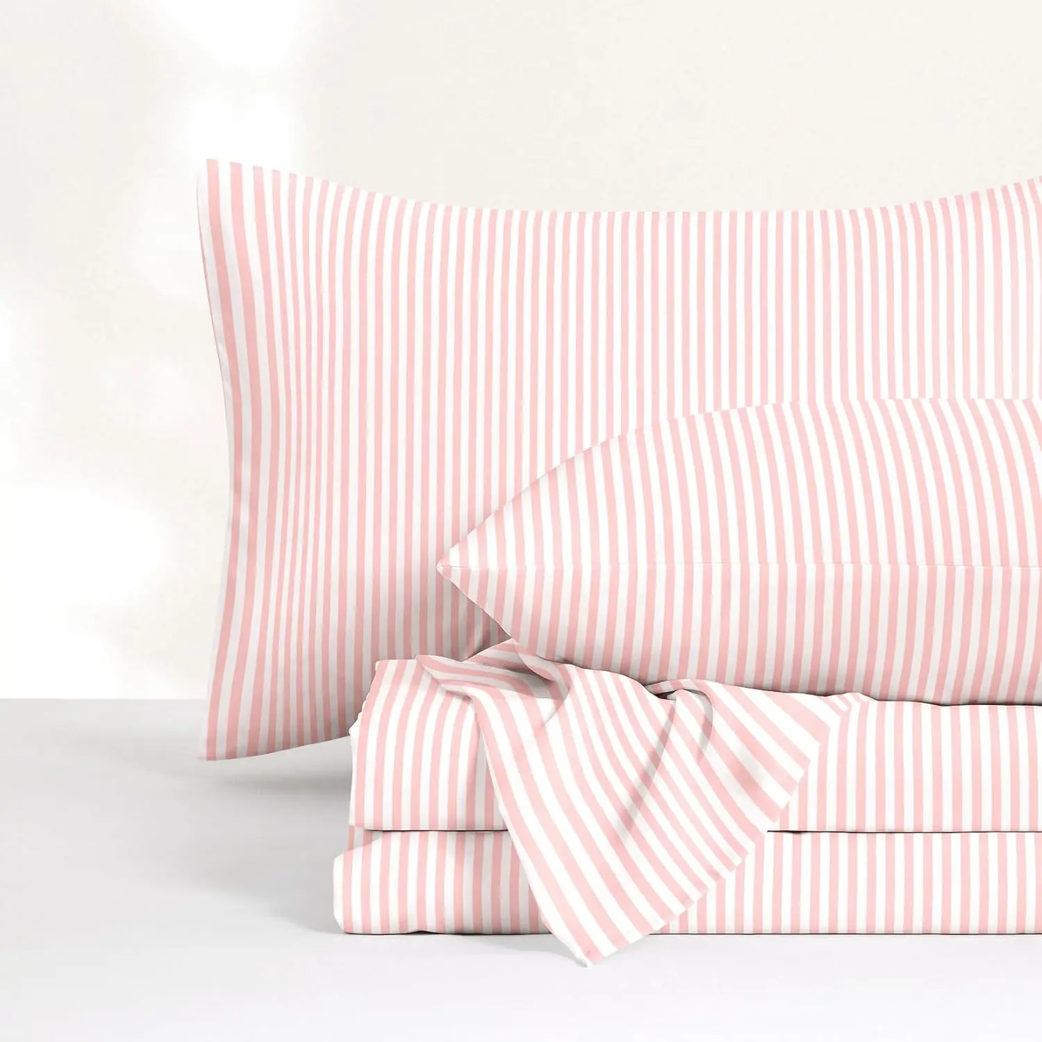 - Striped Bed Sheets, 4- Sheet Set, Tickg Vertical P Stripe Modern Farmhouse  Prted Beddg, Deep Pocket, Pk White,  Size