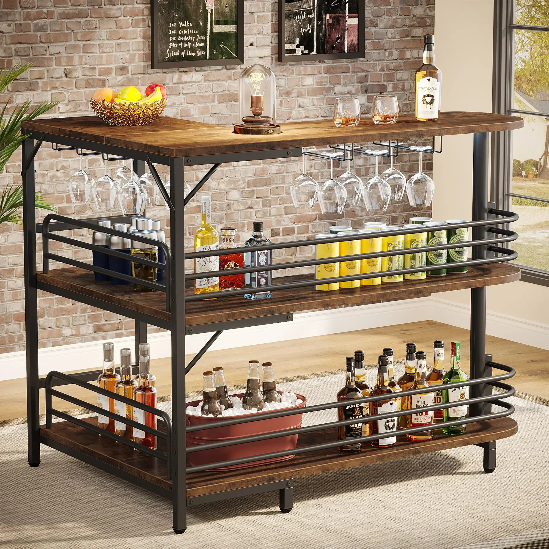 Spaco Industrial-Grade L-Shaped Corner Bar Cabinet - Multi-Layer Compact 3-Tier Home Bar with Wine Glass Rack, Storage Shelves, Minibar & Liquor Table for Kitchen, Living Room, Multi-Layer Wine Cabinets, Compact Wine Cabinets