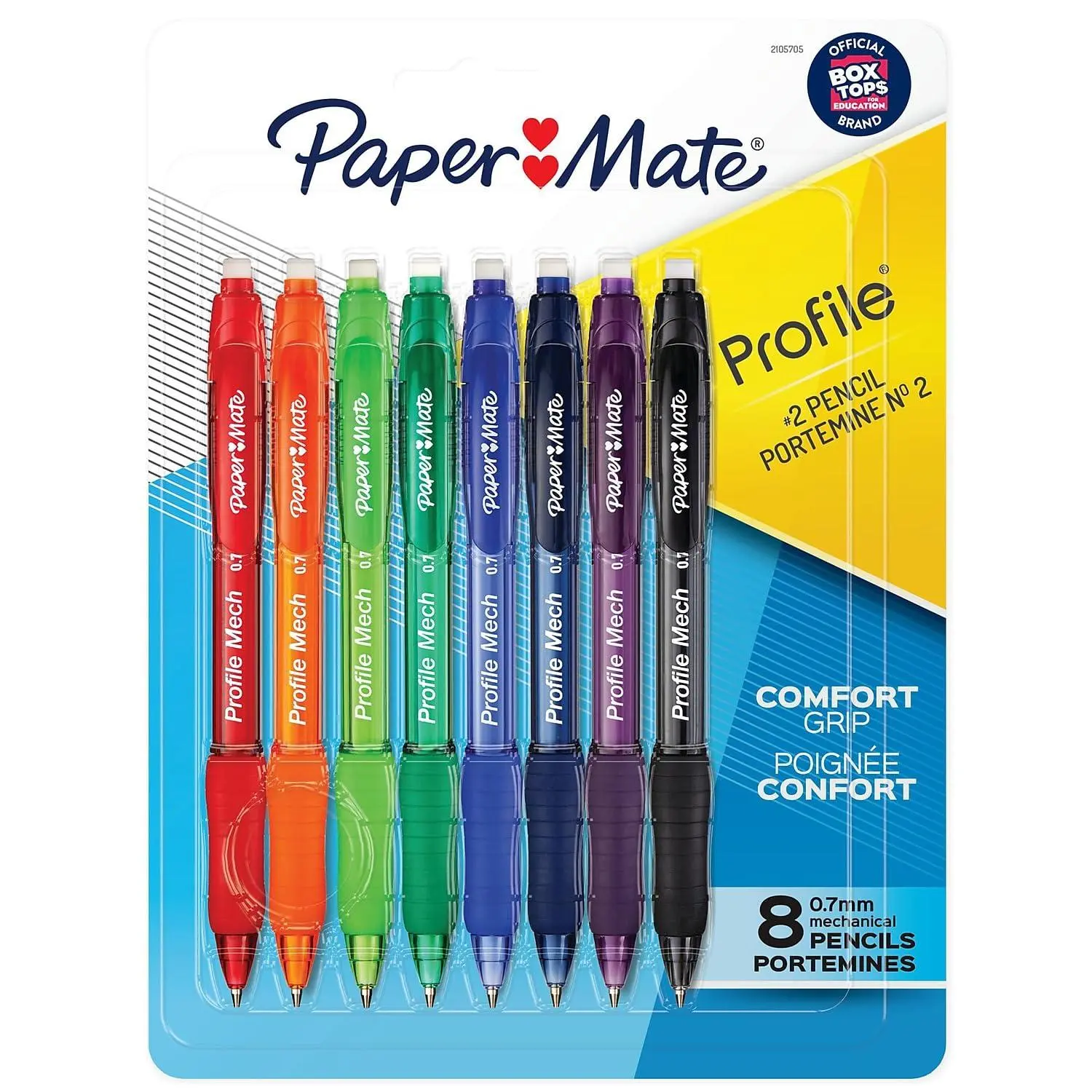Paper Mate Profile Mech Mechanical Pencils, 0.7mm #2 Pencil Lead, Comfort Grip, Assorted Barrel Colors, 8 Count - Office Supplies