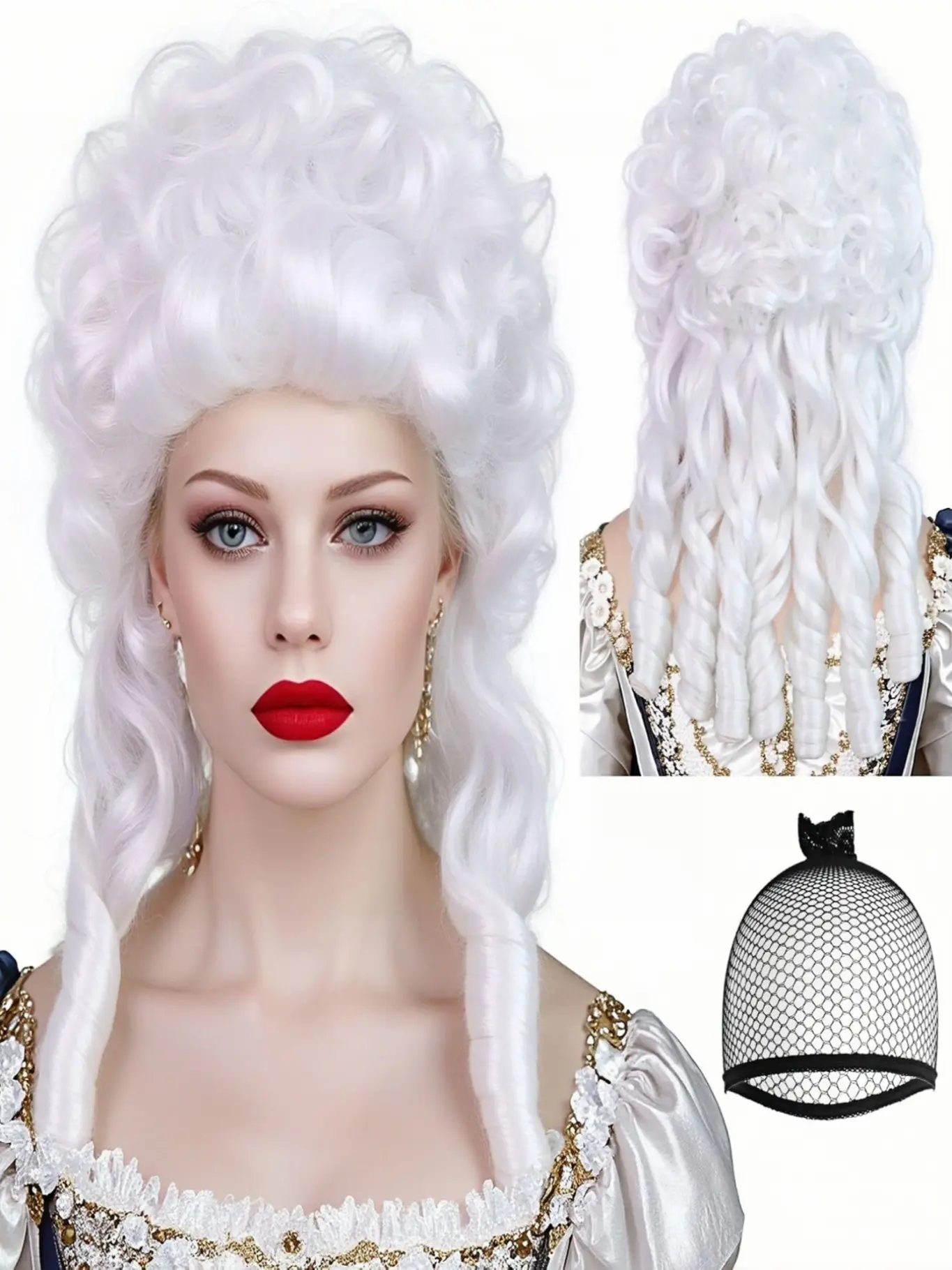 White Curly Baroque Wig Ringlet Curls 18th Century Wig Synthetic Updo White Female Judge Lawyer Wigs Powdered Wigs for Women Cosplay Halloween Costume Christmas Masquerade Party