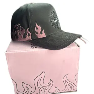 Black & Pink Hats with Flame Design and Pink Box Featuring Flames Black and Pink Caps