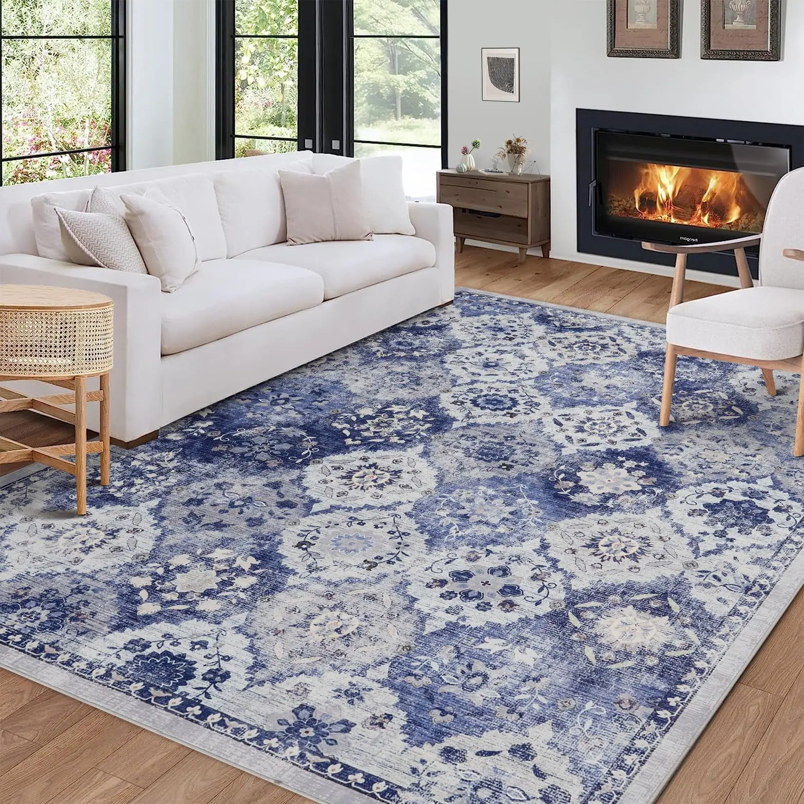 GARVEE - Vintage Lattice Rug, 5 x 7 inches, washable, soft, non-slip, home decor, for entryway, bedroom, living room, blue and gray color