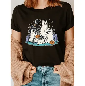 Women's Black Cat Halloween T-Shirt, Casual Crew Neck Short Sleeve Tee, Cotton Blend, Cartoon Print, Regular Fit, All-Season Fashion Top