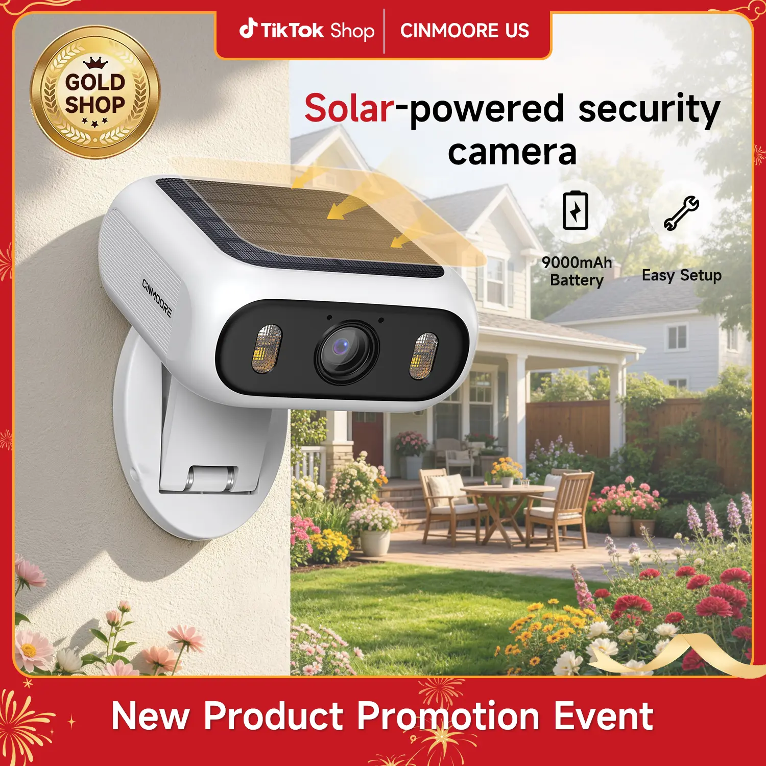 CINMOORE Solar Security Camera –2.5K HD, Wireleess Security Camera Outdoor,  Continuous Poweer，Easy Magnetic Install, Smart Garage & Yard Guard, Full‑Color Night Vision, Motion Alerts, Two‑Way Audio, App Control – All in One
