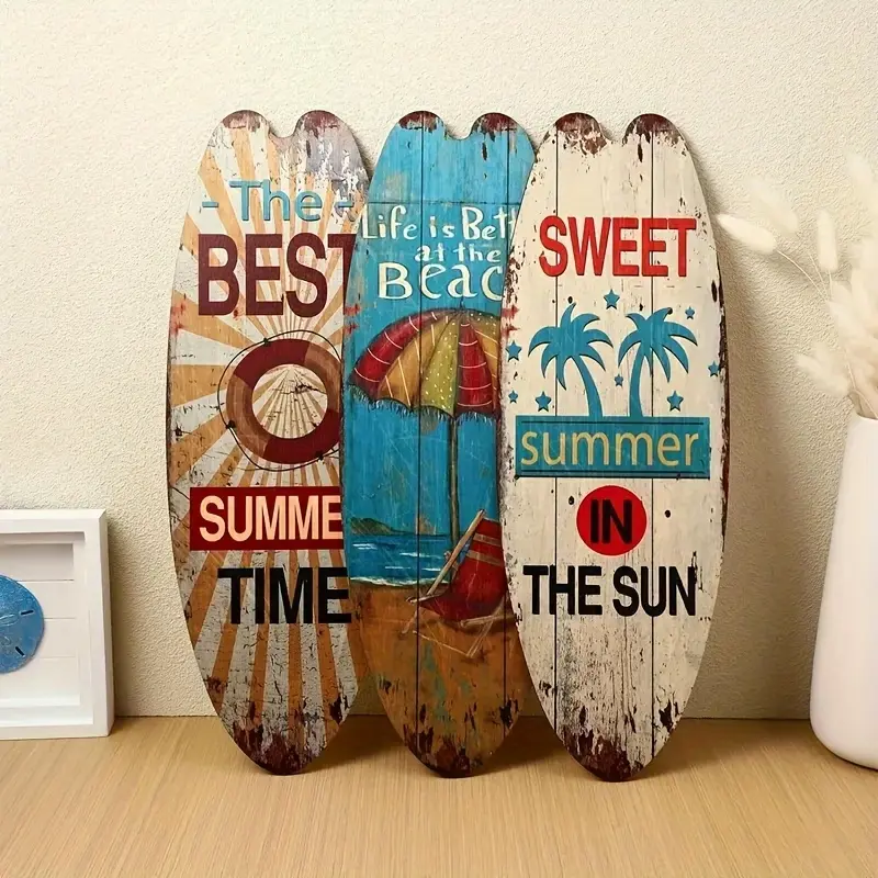 2D flat, 3 beach-themed surfboard decorations, suitable for living room, bedroom, bathroom, with palm trees and summer quotes for retro surfboards