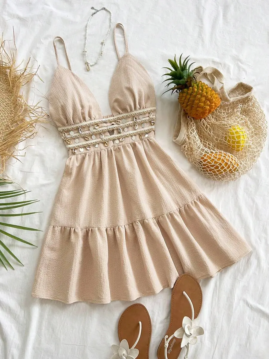 Women's Backless Shell Decor Mini Dress,Summer Holiday Outfits,White Boho Beach Tropical Bohemian Style,Sequin Shell Decor Mini Dress,No Breast Pads