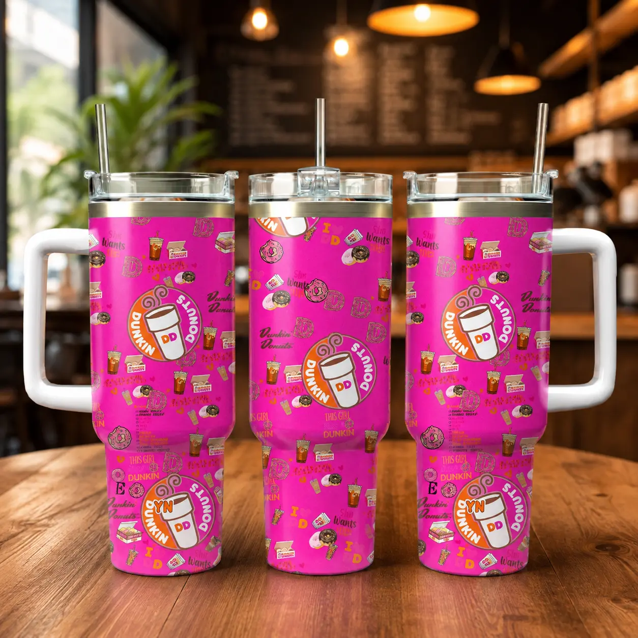 Dunkin’ Donuts Pink Coffee 40oz Tumbler with Handle & Straw, I Run on Dunkin’ Insulated Cup, Cute Coffee & Donut Travel Mug, Bright Girly Drinkware Gift for Coffee Lovers