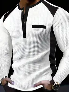 Men's Fashion Casual Business Long Sleeve Henry Shirt, High-End Colorblock Waffle Knit Fabric, Breathable Warm Comfort, Spring & Fall