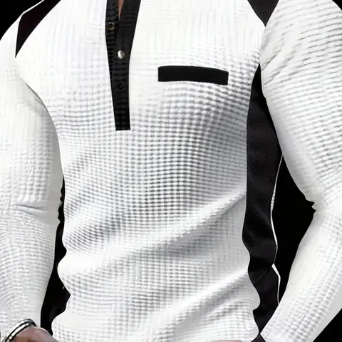 Men's Fashion Casual Business Long Sleeve Henry Shirt, Menswear, Knitwear, Knit Clothes, Pocket, High-End Colorblock Plaid Textured Waffle Knit Fabric, Breathable Warm Comfort, Spring & Fall