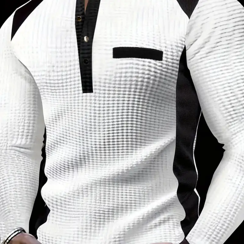 Men's Fashion Casual Business Long Sleeve Henry Shirt, Menswear, Knitwear, Knit Clothes, Pocket, High-End Colorblock Plaid Textured Waffle Knit Fabric, Breathable Warm Comfort, Spring & Fall
