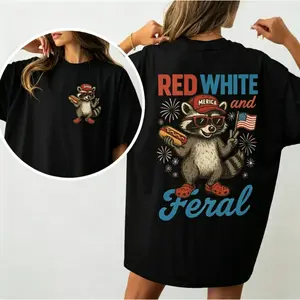 Red White And Feral Raccoon 4th Of July T-Shirt, Patriotic USA Flag Front Back Print Tee, Funny Independence Day Summer Gift Shirt