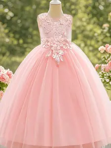 Flower Girl Dress, Elegant Floral Design Tulle Overlay Dress for Party, Kids Clothes for All Seasons, Tulle Tutu Dress