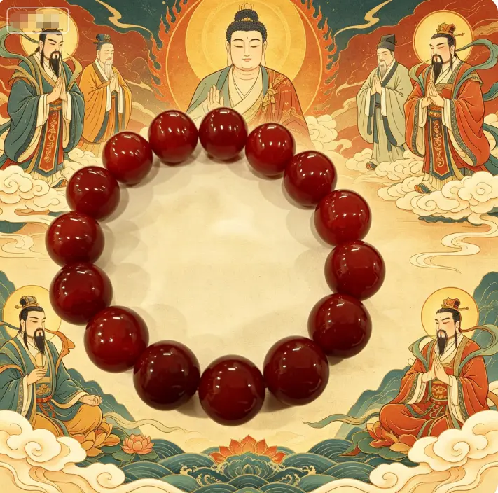 Elastic Bead Cord Bracelet with Natural Red Agate, Ethnic Traditional Taoist Worry Beads for Unisex Daily Good Luck & Energy Balance