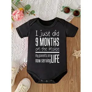 Baby Bodysuit With I Just Did 9 Months On ThInsidMy Parents ArNow Serving LifPrint Soft VersatilRound Neck Button Detail Regular Fit All Seasons Knitted Fabric Onesie