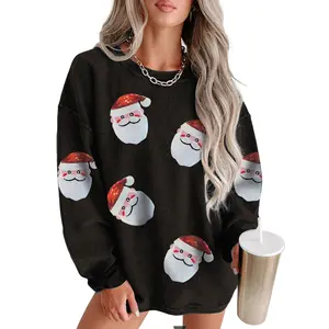 Mntaor Women's Christmas Santa Face  Black Long Sleeve Graphic Pullover with Red Sequin Applique, Cute Casual Holiday Sweatshirt for Xmas Party, Festive Cozy Outfit,Winteroutfit
