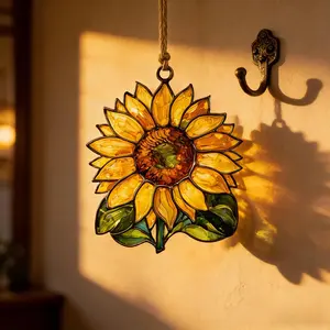 Oil Painting Sunflower Stained Suncatcher, Textured Floral Window Hanging, Artistic Home Decor, Gift for Mom, Warm Sunlight Ornament