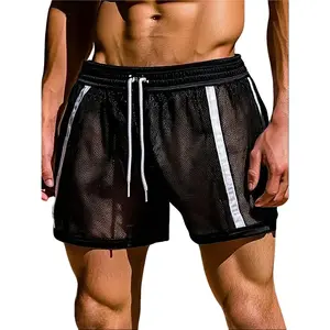 2026 New Men's Mesh Sheer Shorts, Thin Quick Dry Breathable Contrast Striped Shorts, Sexy See-Through Beach Party Nightclub Performance Casual Wear