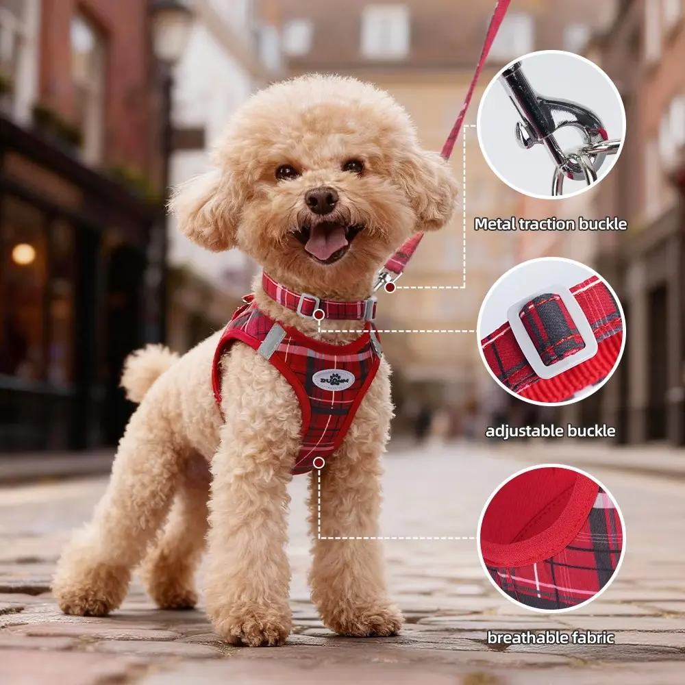 Plaid Pattern Dog Harness Straps Leash Collar 3PCS Set Puppy Harness And Leash Breathable Fabric Comfortable Adjustable Fit Pet Vest Easy Wear Off For Small Medium Dogs Outdoor Walking Harness Leash Combo