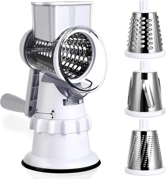 Rotary Cheese Grater Hand Crank - Mandoline Vegetable Slicer with 3 Stainless Steel Blades, Cheese Shredder for Fruit Vegetables Nuts