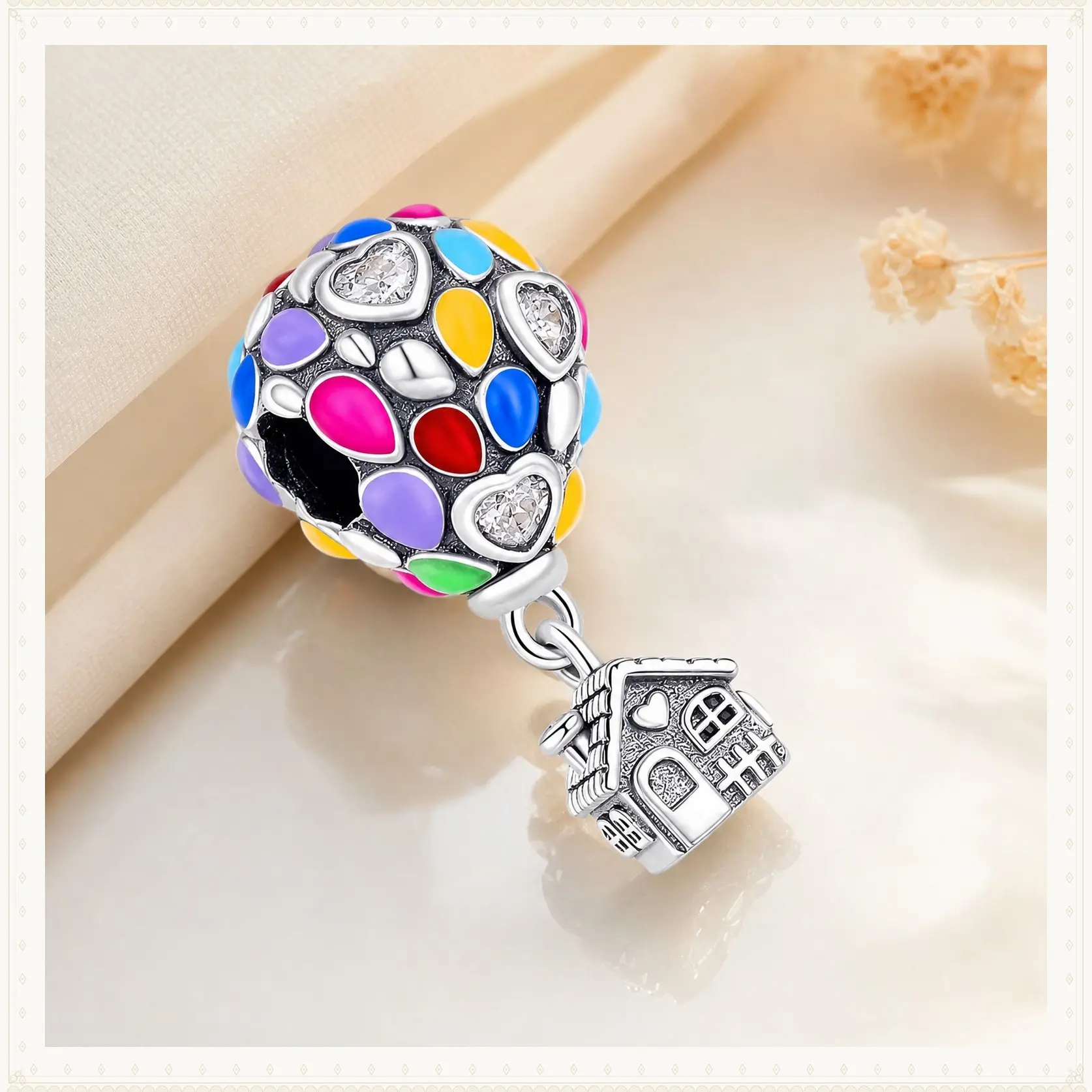 MULA Whimsical Hot Air Balloon Pendant, 925 Sterling Silver Charm with Rainbow Enamel and Heart-Shaped CZ, Compatible with Pandora Bracelets for Women, Heart Shaped Pendant, Whimsical Necklace, Jewellery Pendant