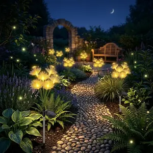 Solar Firefly Garden Lamp LED String Lights, with waterproof design, realistic flower lighting fixture, suitable for gardens and lawns, outdoor waterproof landscape decoration(pack of 4)